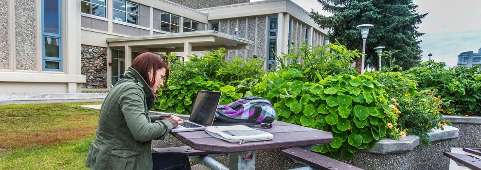 UAF students works on her laptop on a table outside on the Fairbanks campus West Ridge