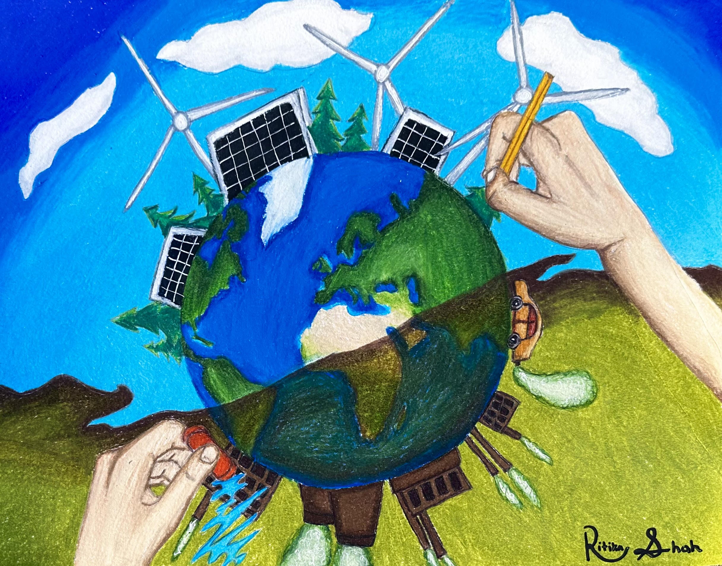 A drawing of the earth showing a shift from renewable to non renewable energy sources. 