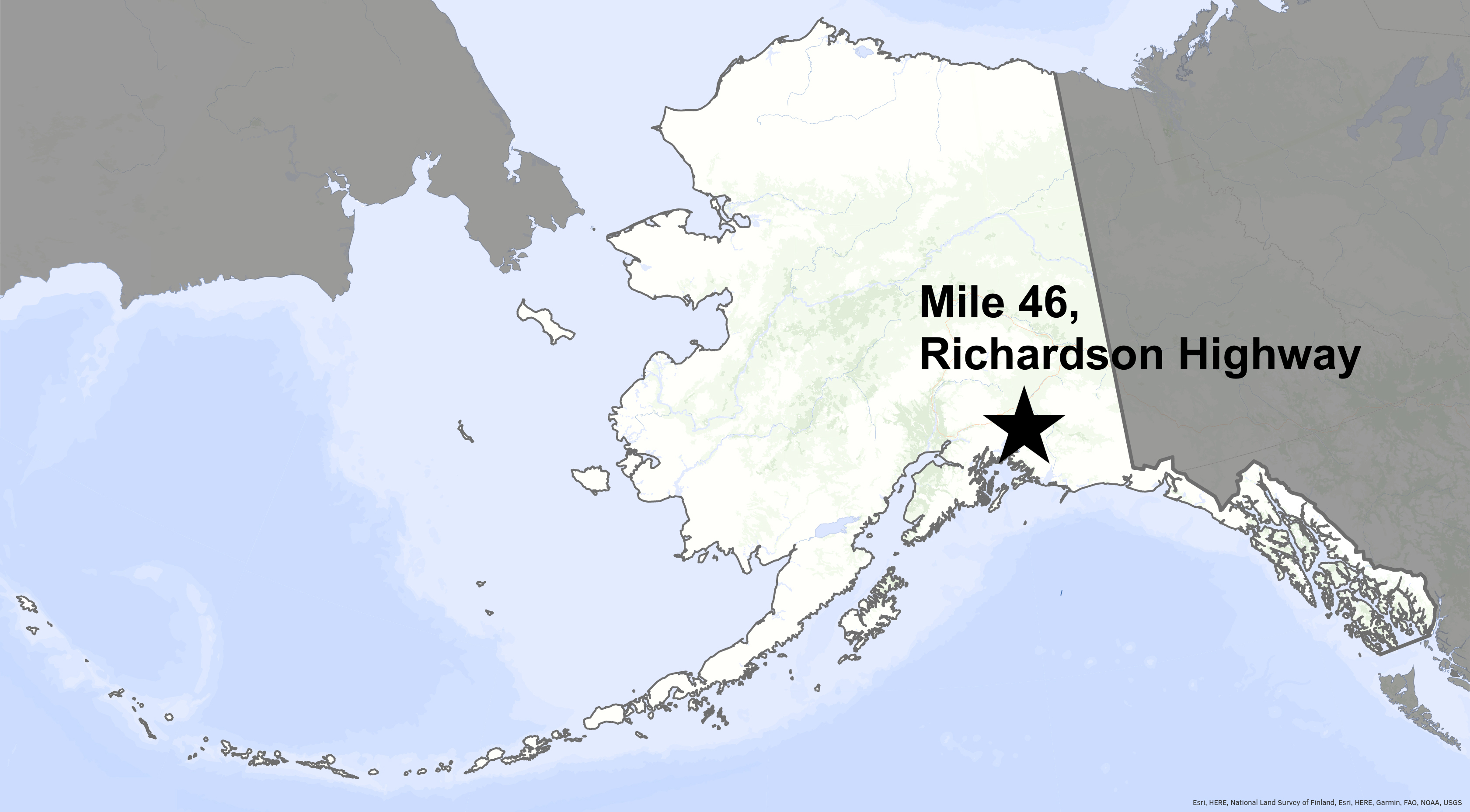 A map of 91视频 with a star in the lower southeast corner to mark mile 46 of the Richardson Highway